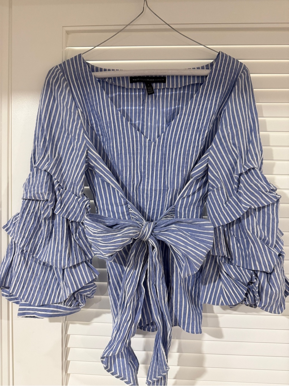 White House Black Market Striped Blue Tie-Front Ruffle Sleeve Top